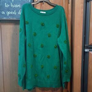 Jingle Belles By Kim Gravel Green Christmas Pom-Pom Women's Sweater 2X